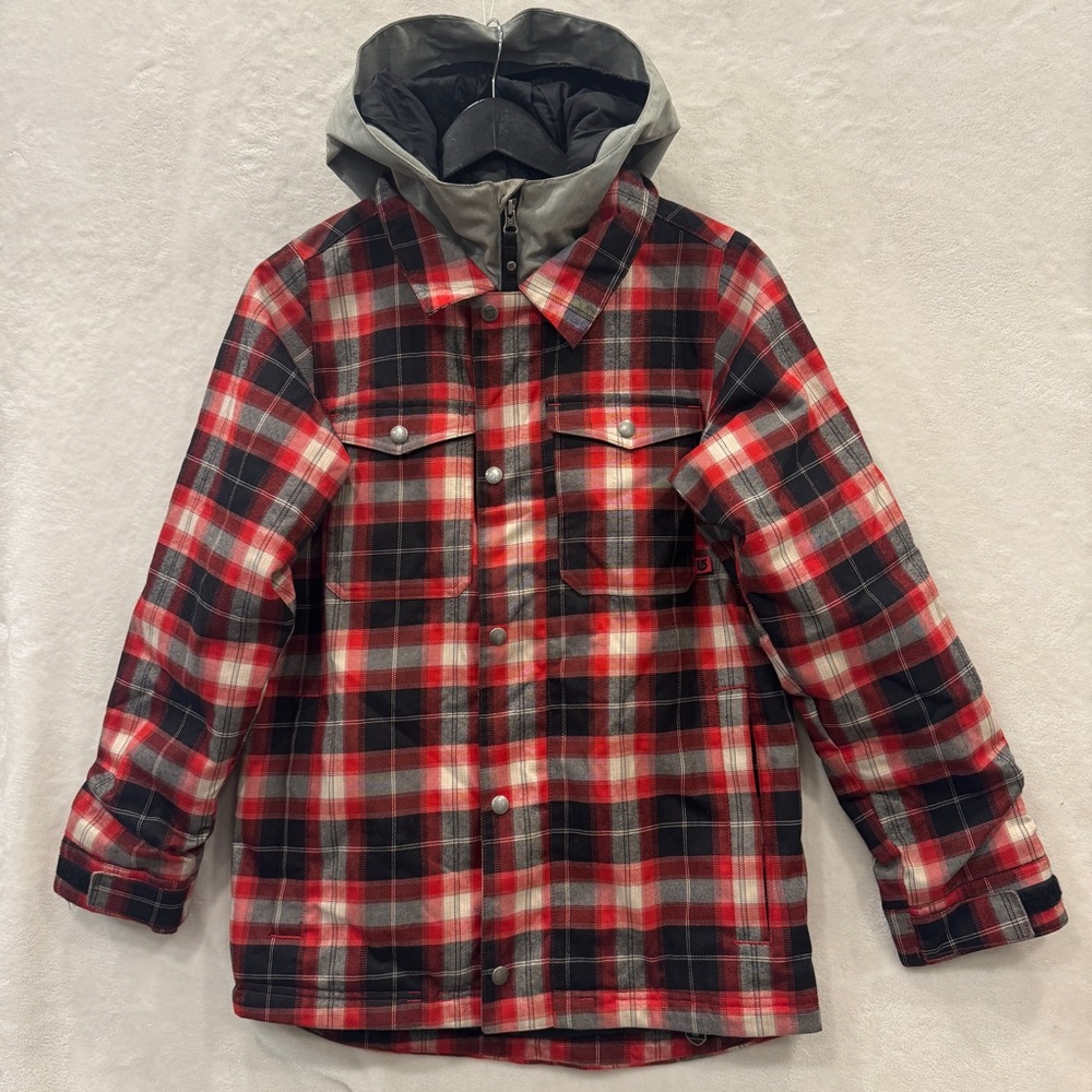 BURTON Ski Snowboard Hood Plaid Jacket- Red Black Grey Youth Size L Waterproof